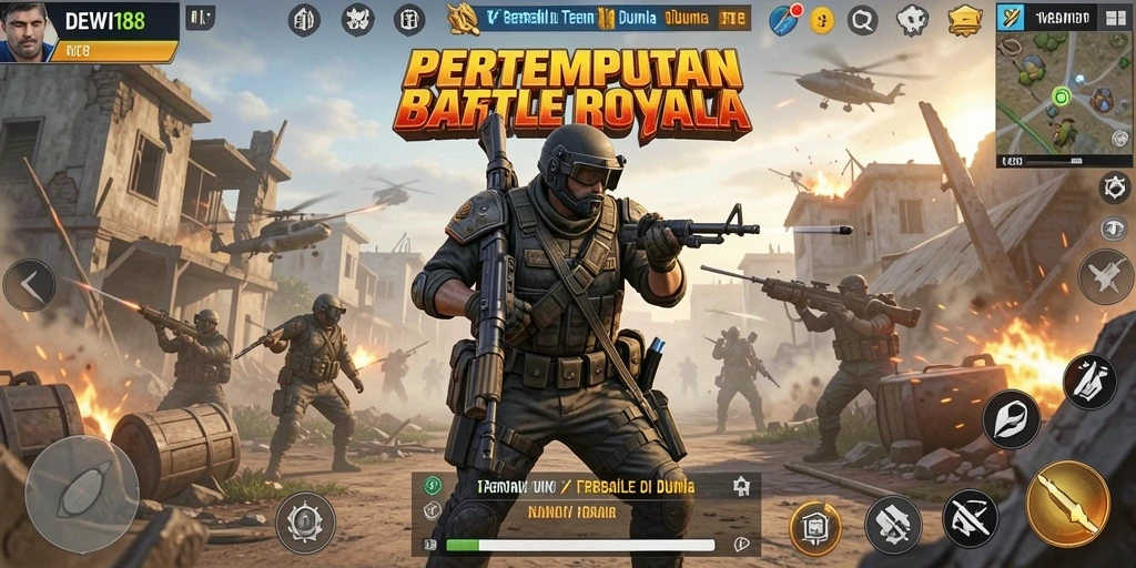 Tangkapan layar DEWI188 menampilkan gameplay seru dalam pertempuran Battle Royale.