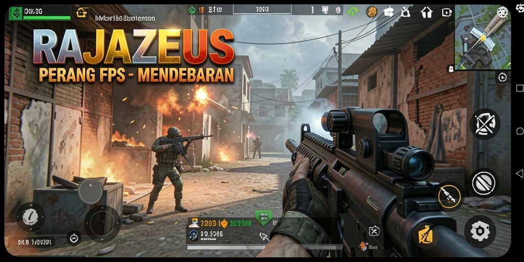 Screenshot dari gameplay <strong>RAJAZEUS</strong> menampilkan aksi menembak yang intens.