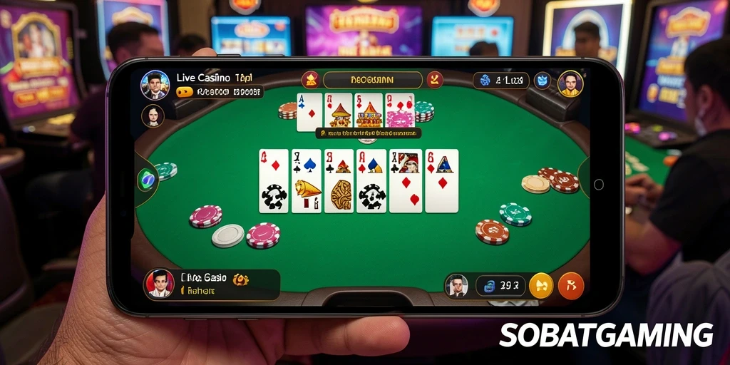 Tampilan screenshot gameplay <strong>SOBATGAMING</strong> yang menunjukkan dealer langsung dan suasana kasino.